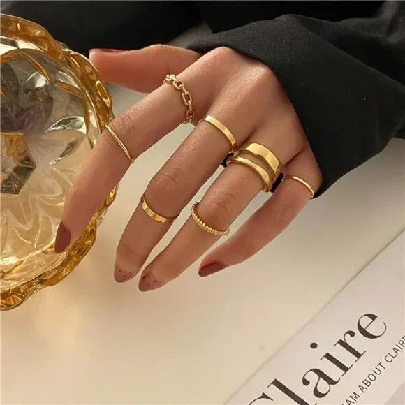 Gold Knuckle Rings Set – Snake Chain, Vintage BOHO Midi Rings, Mixed Sizes - Picture 3 of 5